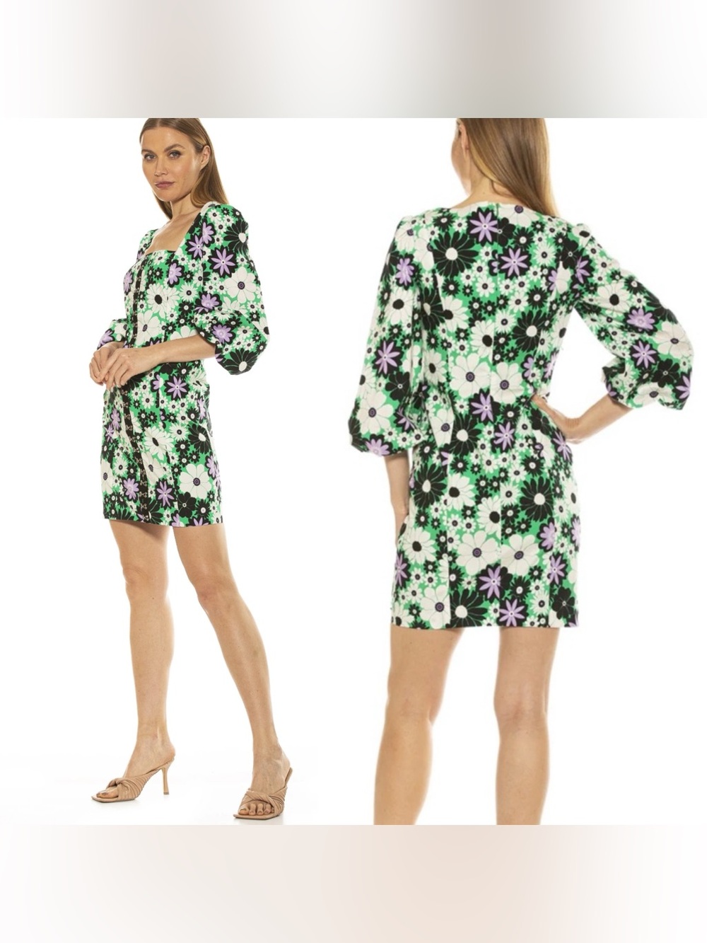 Alexia Admor NWT Sammie Mini Dress 60s Green Floral SZ 4 Retro Square Neck BOHO